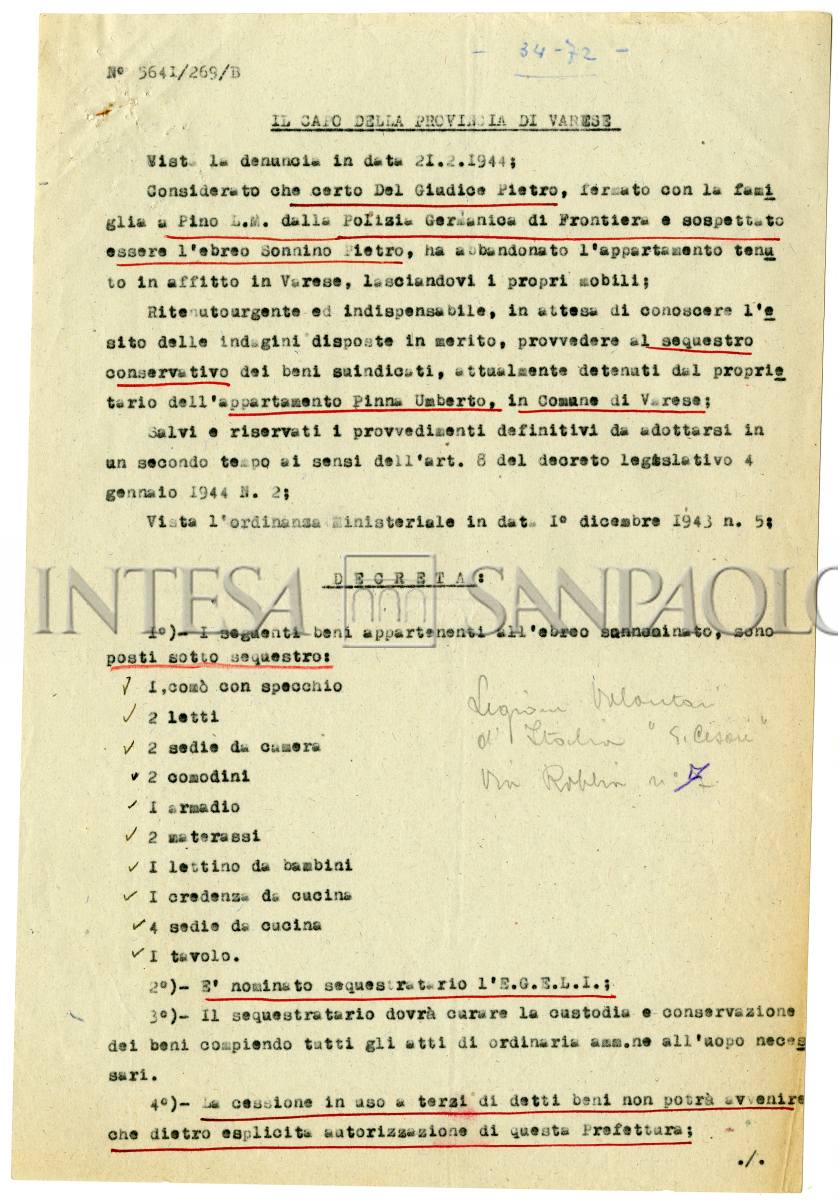 Decreto di confisca dei beni di Piero Sonnino emesso dal capo della provincia di Varese, 19 aprile 1944